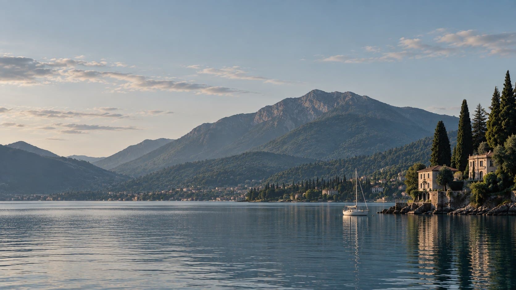Villa on a Swiss lakeshore at dawn