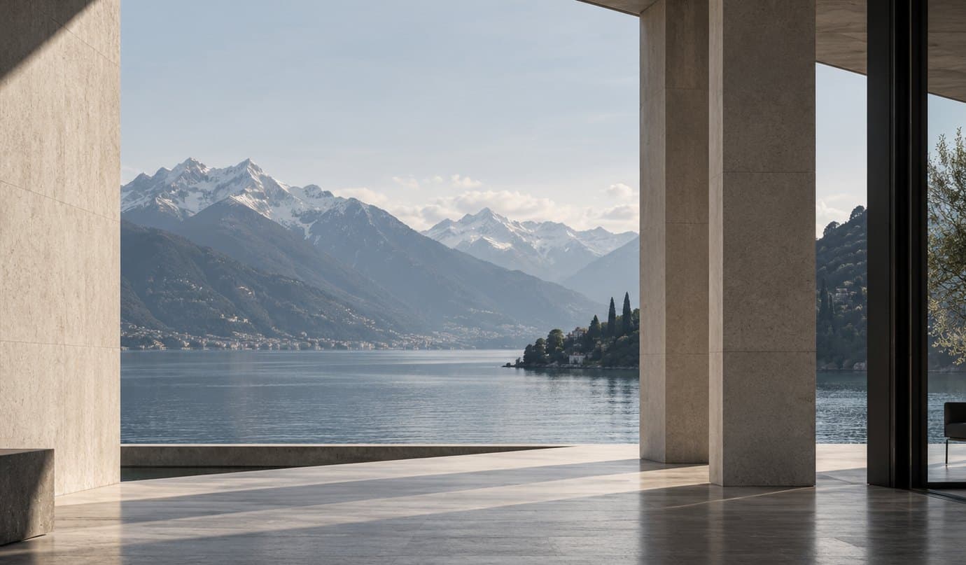 Lakeside villa interior with a view over the Alps